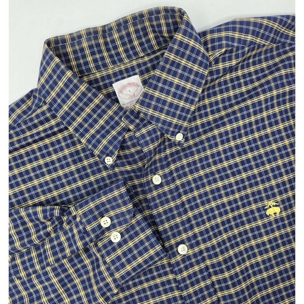 Brooks Brothers Shirt Mens L 346 Blue Plaid Button Down Long Sleeve‎ logo Supima